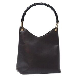 GUCCI Bamboo Shoulder Bag Leather Dark Brown Gold